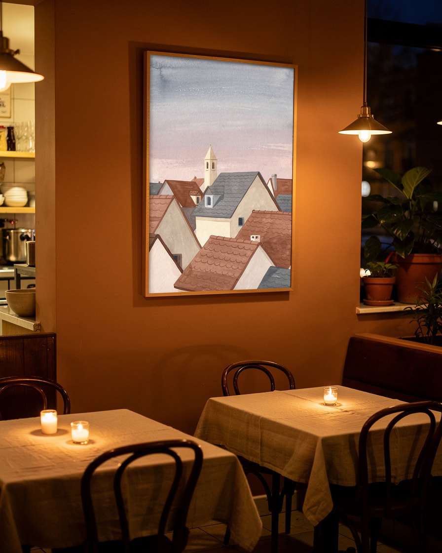 Village Rooftops at Dusk — Restaurant — Digital Gouache Illustration