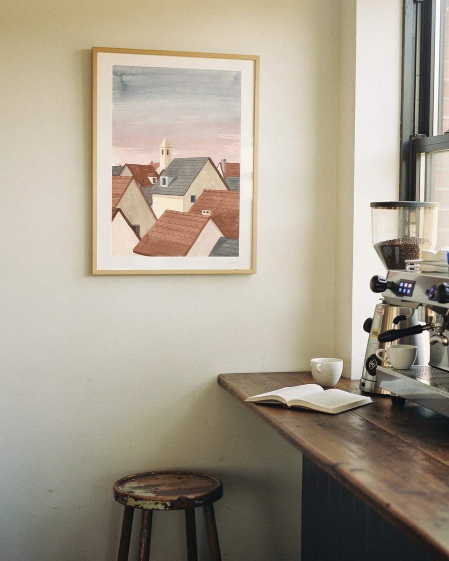 Village Rooftops at Dusk — Cafe — Digital Gouache Illustration